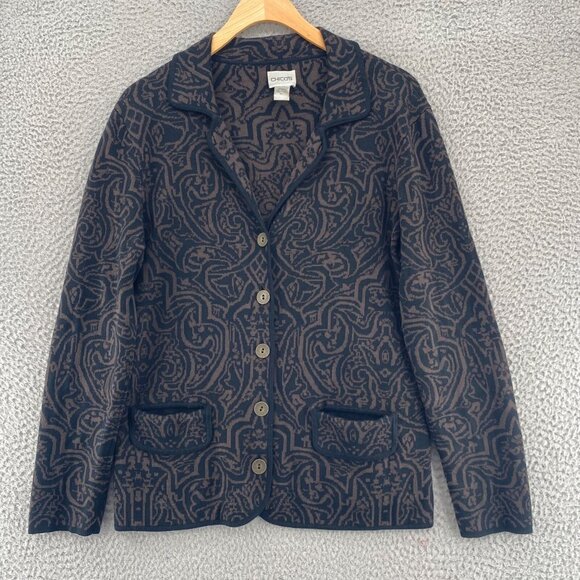 Chicos Jacket Womens 1 US Medium Brown Pattern Silk Blend Cardigan Button Pocket - Picture 1 of 11